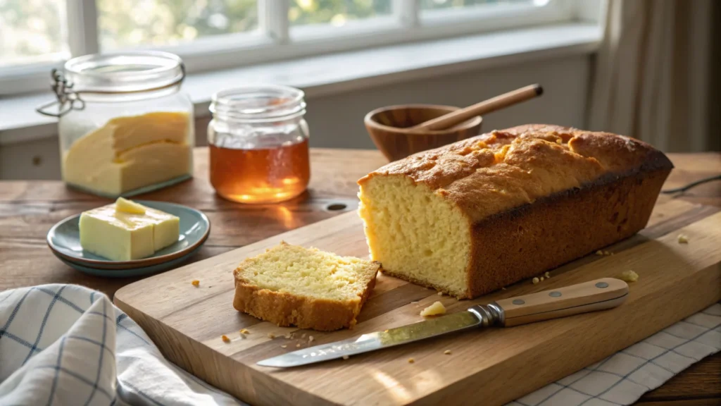 A freshly baked cornbread loaf on a wooden cutting board, slightly crumbled to show its texture. A knife and a stick of butter sit next to it, with a jar of honey and a glass of buttermilk in the background. The setting feels warm and inviting, with sunlight streaming in from a window.