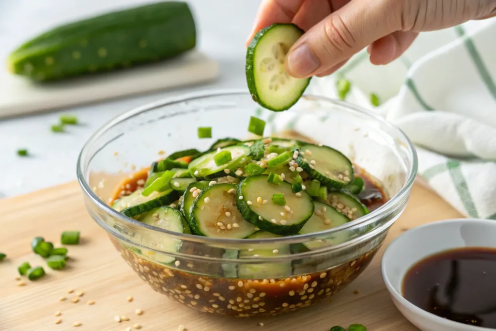 Tossing cucumbers in soy sesame dressing