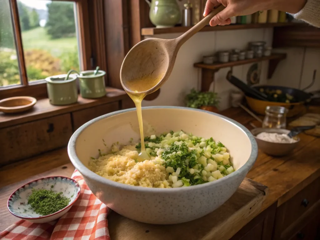 A large mixing bowl filled with crumbled cornbread, sautéed onions, celery, and herbs like sage and thyme. A hand is pouring vegetable broth into the mixture, with a wooden spoon nearby. The setting is a warm, rustic kitchen with a cozy vibe.