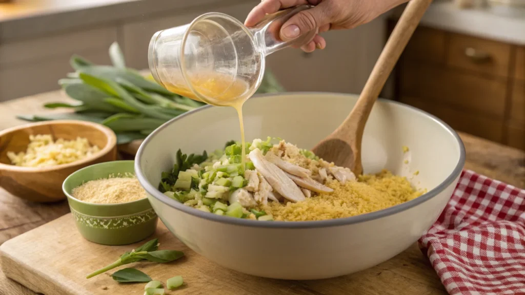 A large mixing bowl filled with crumbled cornbread, shredded chicken, sautéed onions and celery, and chicken broth being poured in. A hand is stirring the mixture with a wooden spoon. Fresh sage leaves and a measuring cup sit nearby on a rustic kitchen counter.