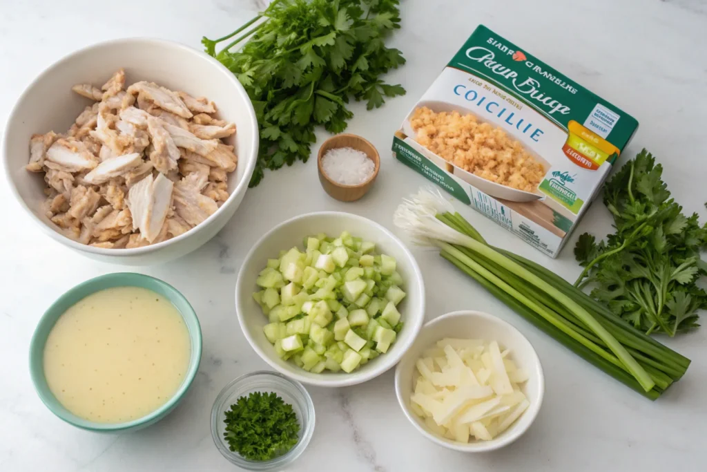 Ingredients for chicken dressing casserole laid out on a kitchen counter.