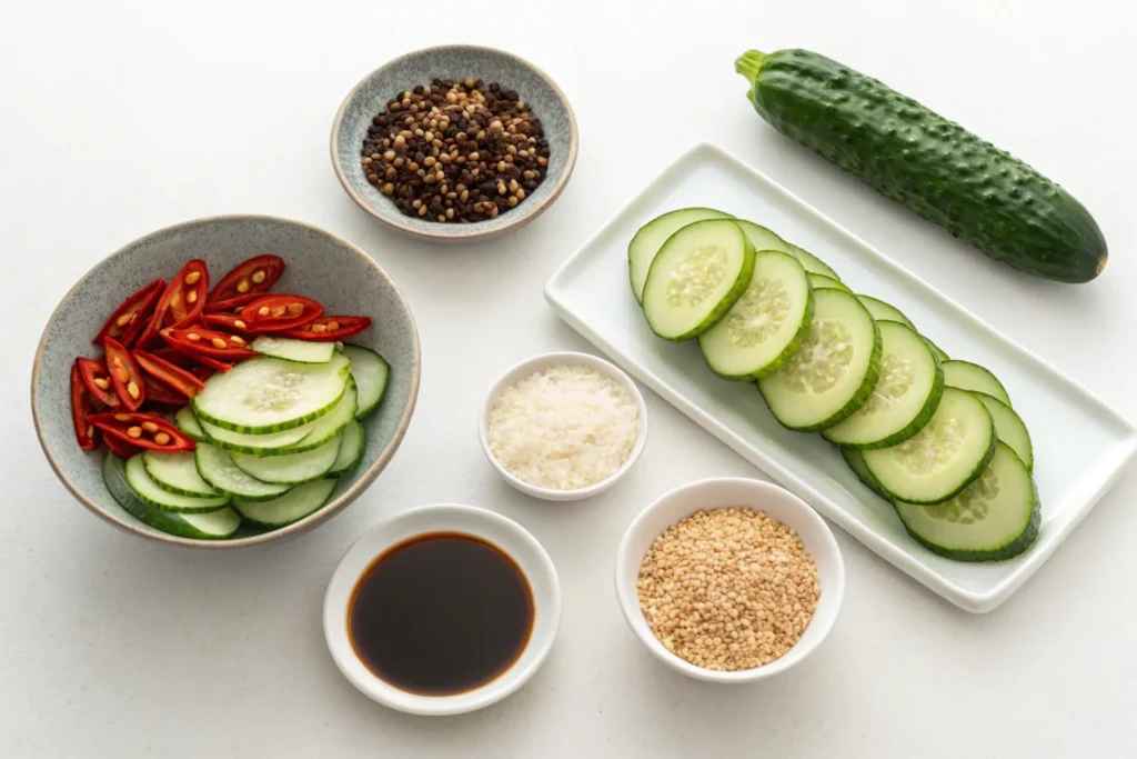 Ingredients for making spicy cucumber salad, including cucumbers, chili flakes, and soy sauce.