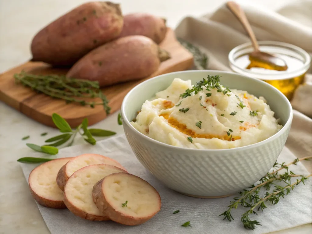 white sweet potatoes sliced and mashed in a bowl. Place them alongside garnishes like fresh herbs or a drizzle of olive oil to show their versatility.