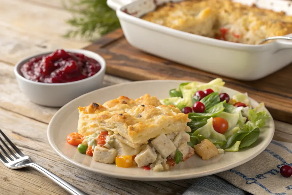 A serving of casserole on a plate with fresh salad and cranberries.