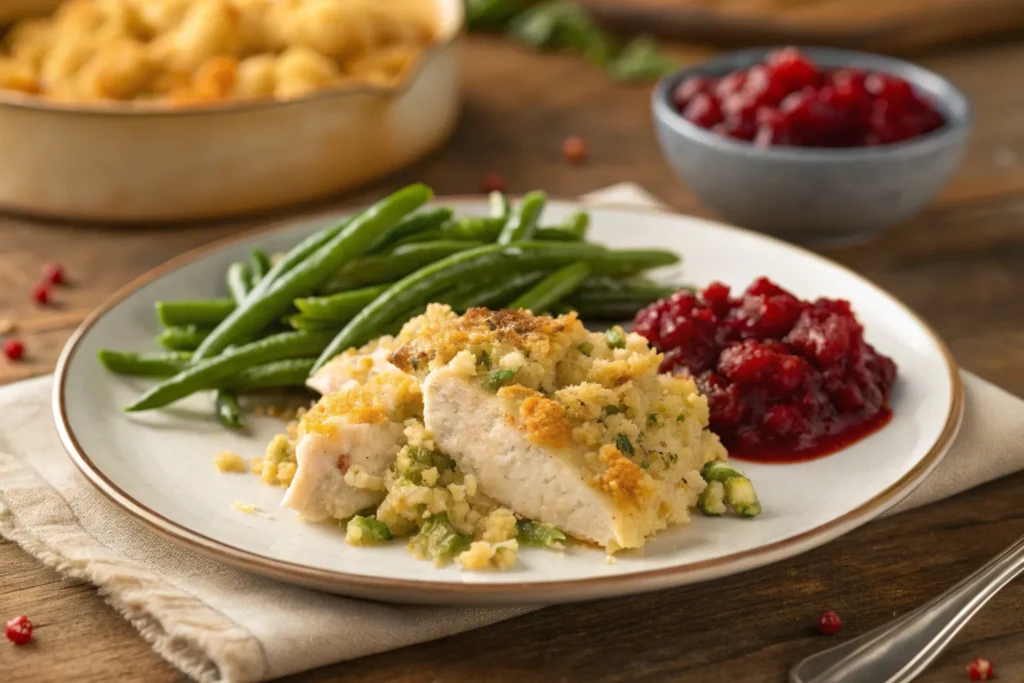 A serving of chicken dressing casserole with sides of green beans and cranberry sauce.