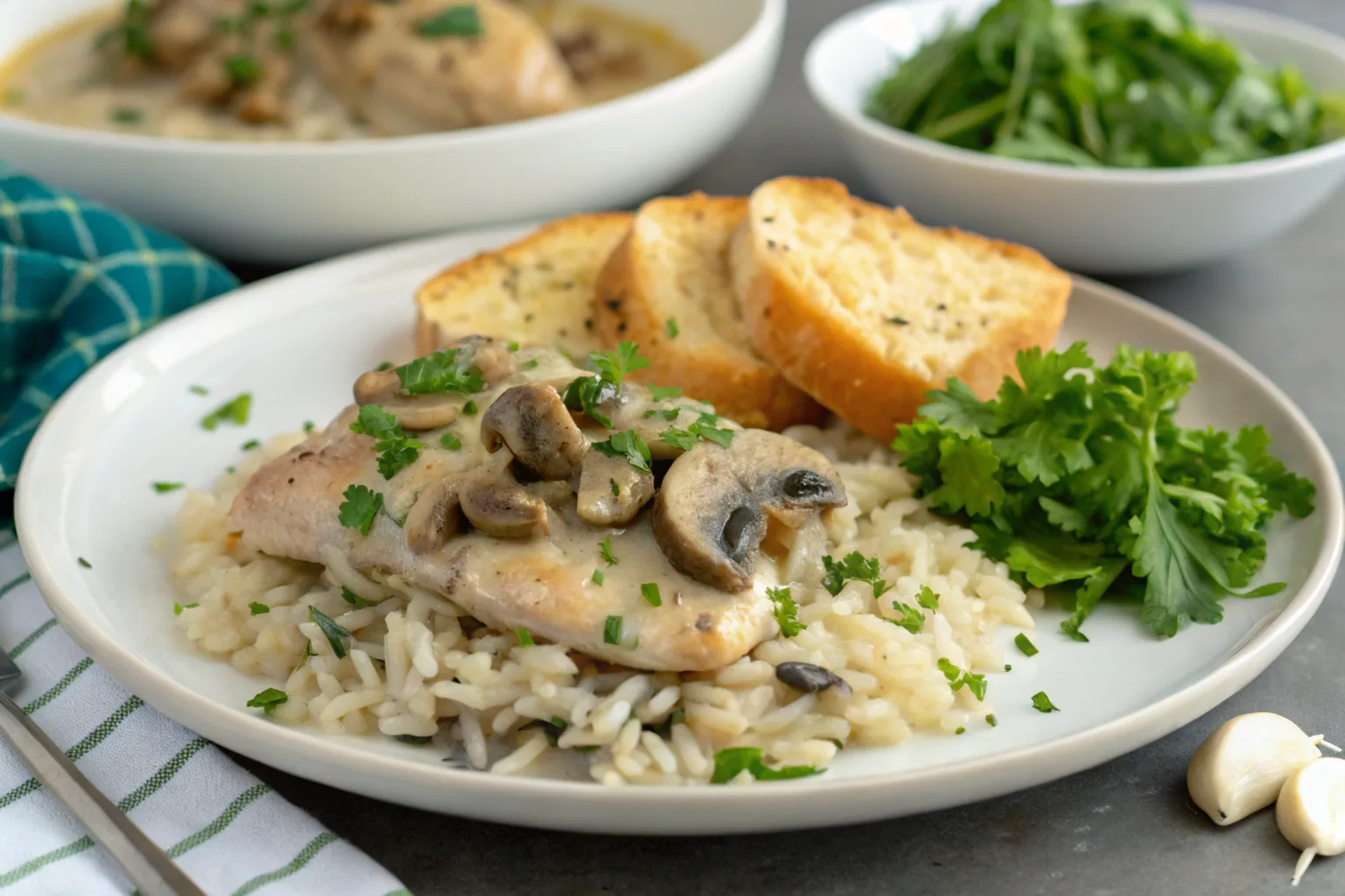 A serving of Cream of Mushroom Chicken and Rice on a white plate, garnished with parsley, with a salad and garlic bread on the side.