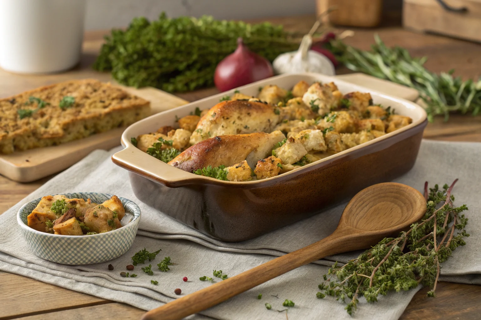 A hearty casserole of rotisserie chicken and stuffing baked to perfection.