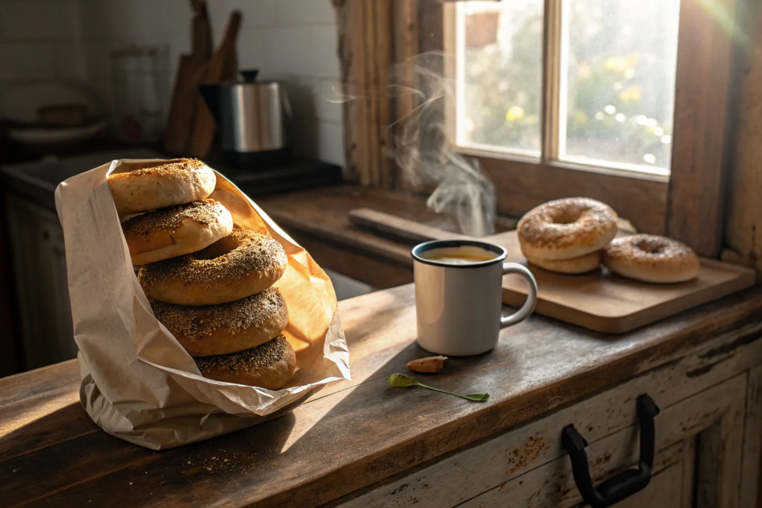 Fresh sourdough bagels stored in a paper bag on a kitchen counter.