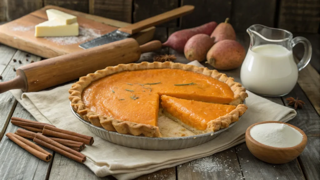 A rustic kitchen scene showcasing a freshly baked homemade sweet_potato-pie on a wooden table. The pie is golden brown with crimped edges, and a slice is cut to reveal its creamy orange filling. Surrounding the pie are ingredients like whole sweet potatoes, cinnamon sticks, a stick of butter, and a jug of milk. A wooden rolling pin and a dusting of flour on the table add a cozy, homemade feel.