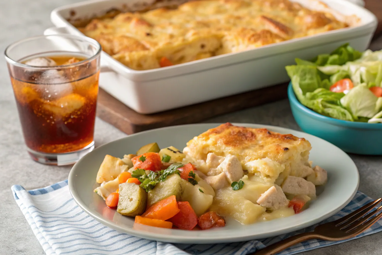 A plated serving of Million Dollar Chicken Casserole with a side salad