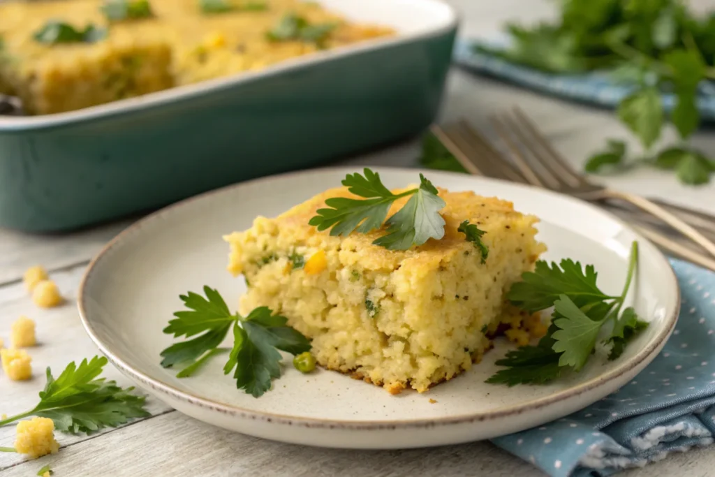 Moist cornbread dressing ready to serve.