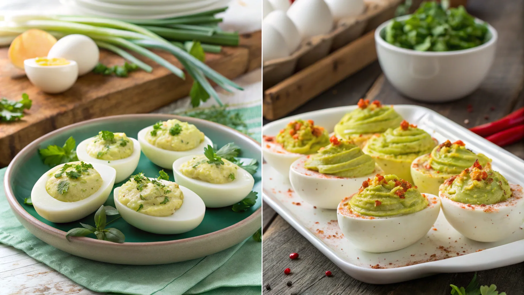 comparison of angel eggs and deviled eggs on a serving tray