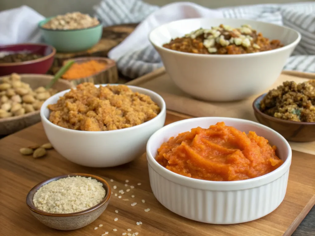 A side-by-side setup showing small bowls of mashed sweet potatoes, unsweetened applesauce, and a thick flaxseed mixture, with labels for each. Behind them, cornbread crumbs and other stuffing ingredients are arranged on a wooden countertop