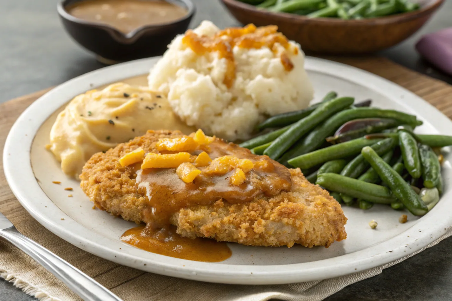 A plated serving of Ritz Cracker Chicken with sides and garnish.