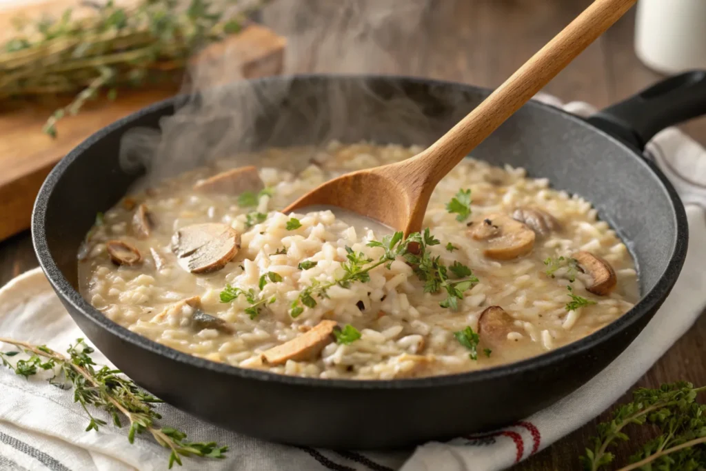 Rice, cream of mushroom soup, and chicken broth being mixed in a skillet with steam rising and fresh thyme sprinkled on top.