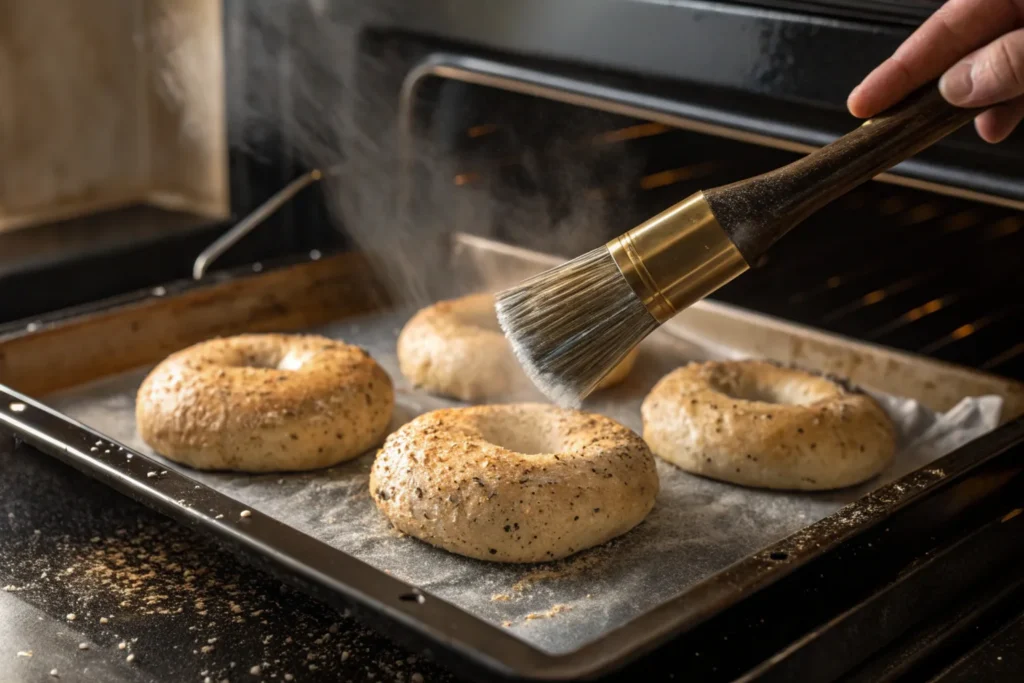 A stale sourdough bagel being revived with water and oven heat.