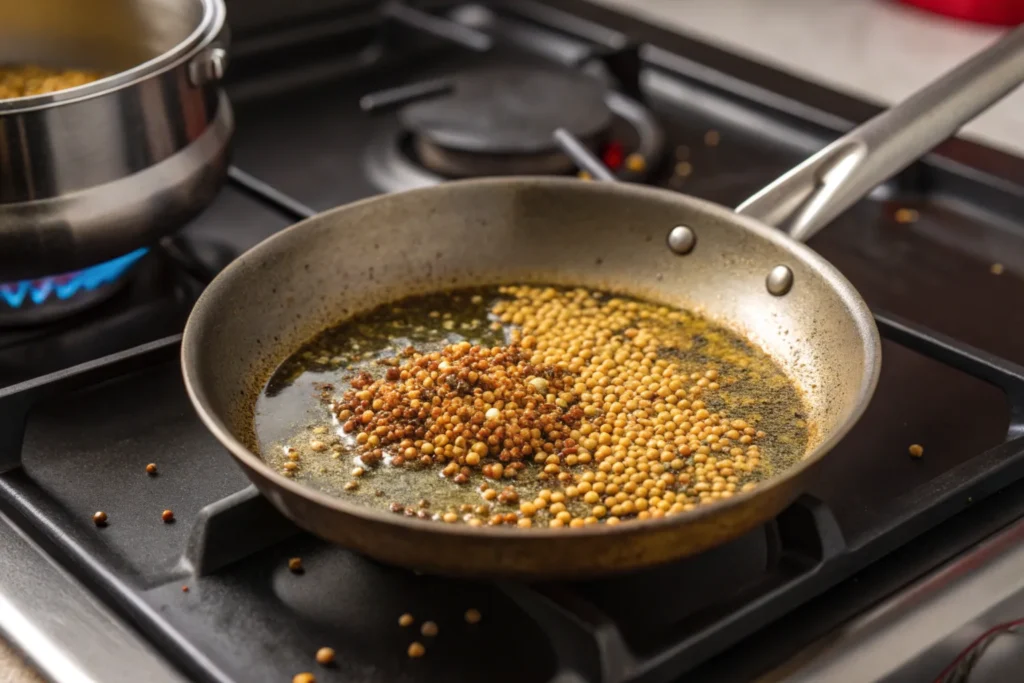 Mustard seeds and cumin sizzling in a pan of oil.