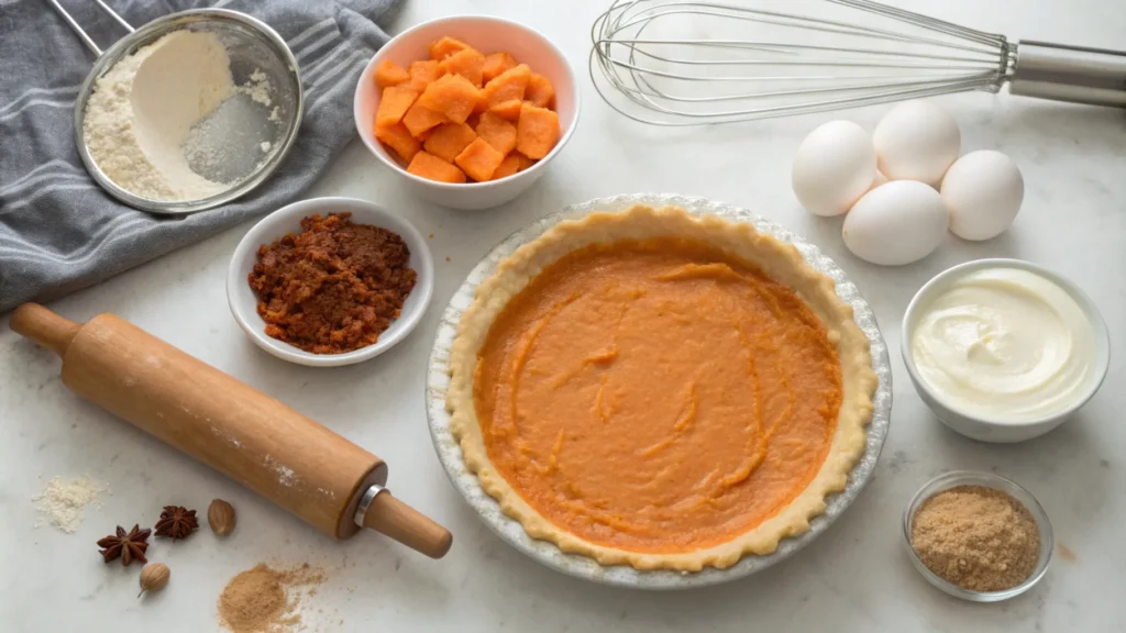 A step-by-step preparation scene for homemade sweet_potato_pie. A countertop displays mashed sweet potatoes in a bowl, a whisk, eggs, a measuring cup of milk, and spices laid out in small bowls. The crust dough is partially rolled out with a rolling pin, and the pie dish is ready for assembly.