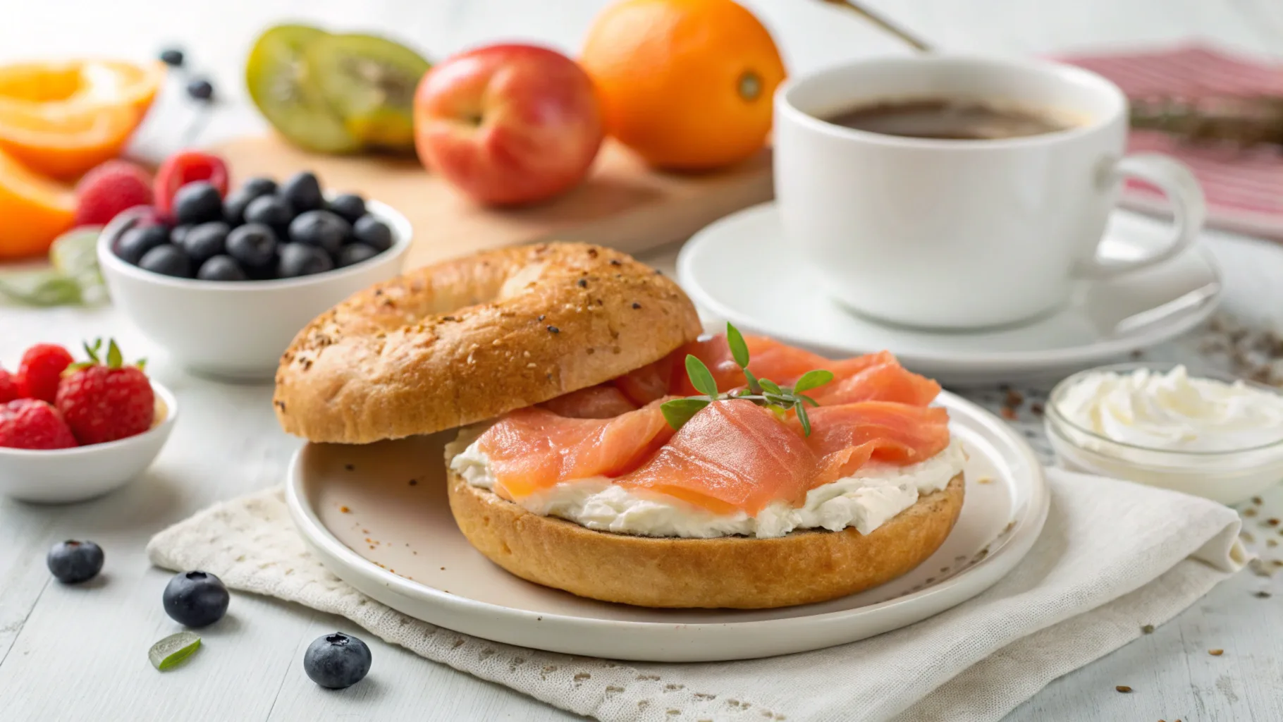 A toasted sourdough bagel with cream cheese and smoked salmon served on a bright breakfast table.