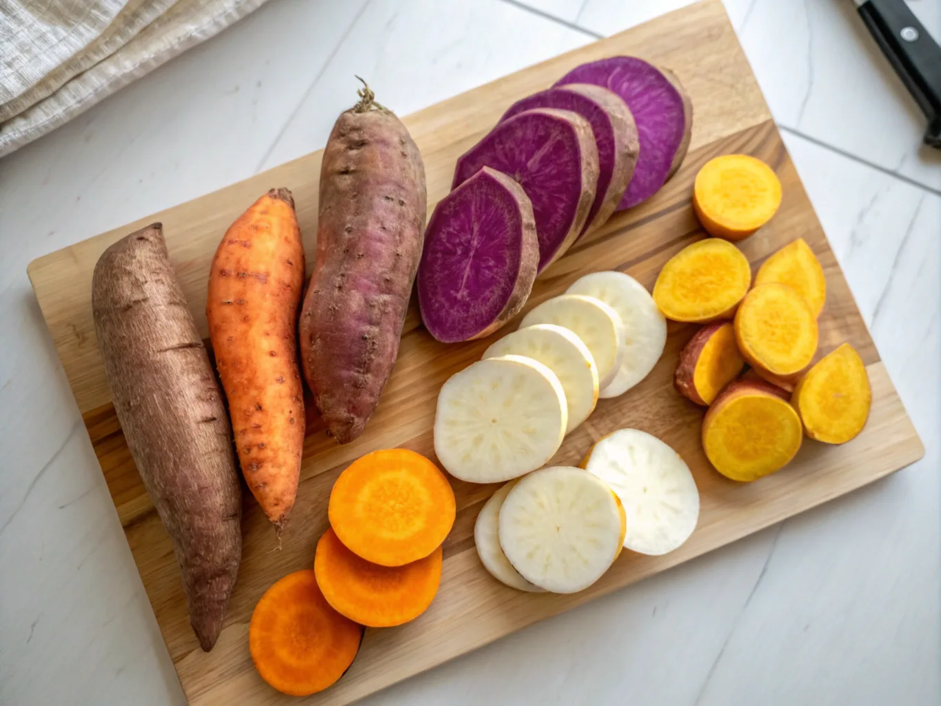 A top-down view of orange, purple, white, and yellow sweet potatoes placed side by side on a cutting board. Each is sliced to reveal the vibrant inner colors, with small icons or labels representing their unique nutrients (e.g., a carrot for orange, a berry for purple). The background is a clean, white kitchen counter to symbolize health and freshness.