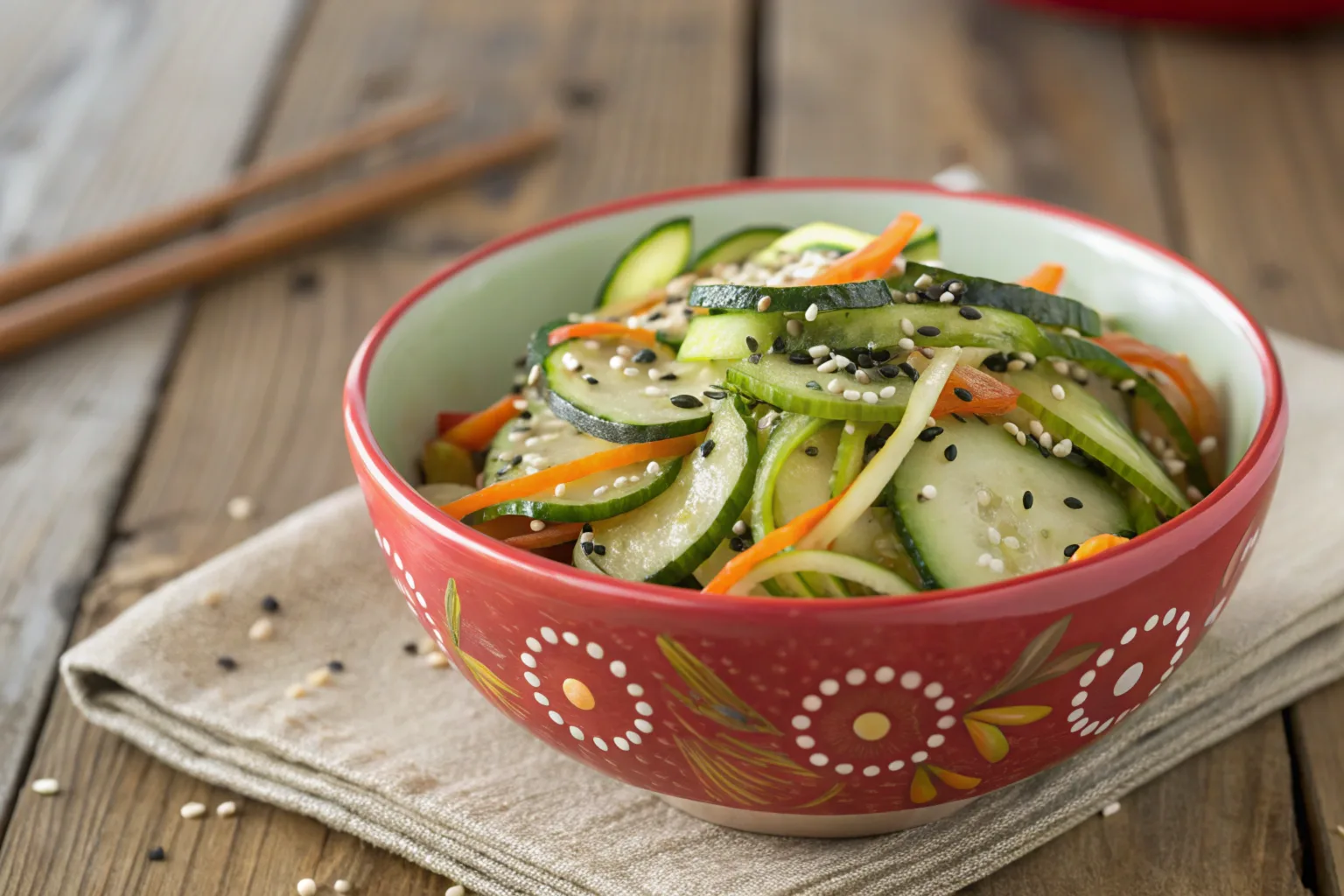 Asian cucumber salad in a serving bowl