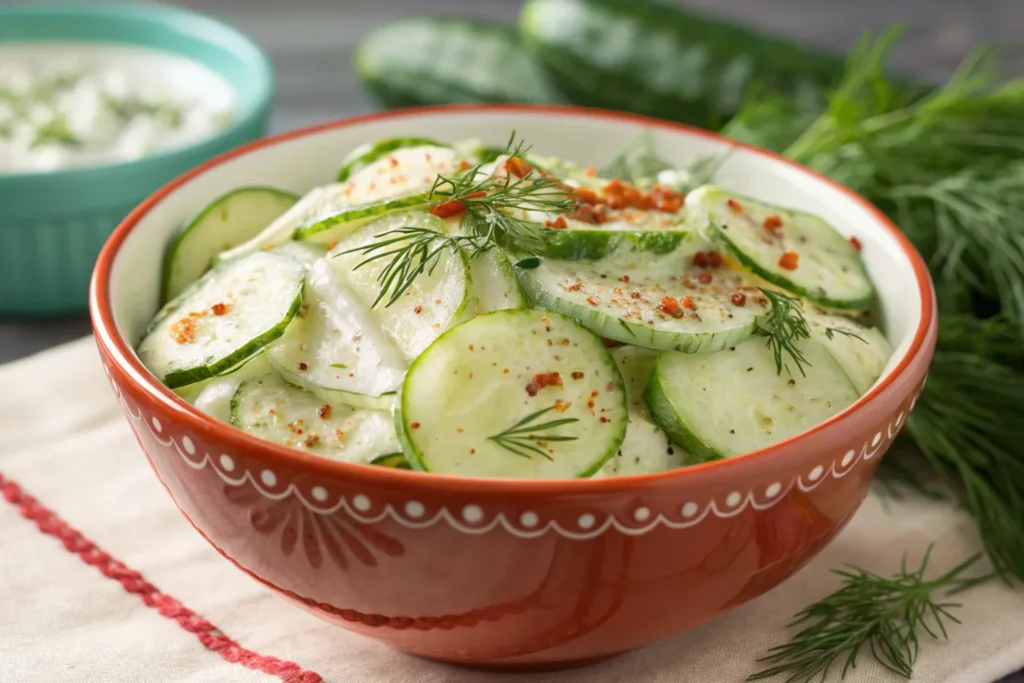 Creamy cucumber salad garnished with dill.