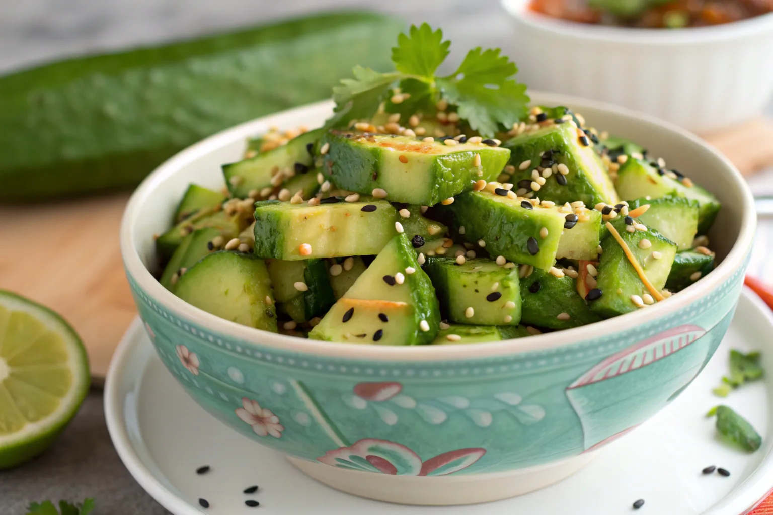 Smashed cucumber salad garnished with sesame seeds and cilantro.