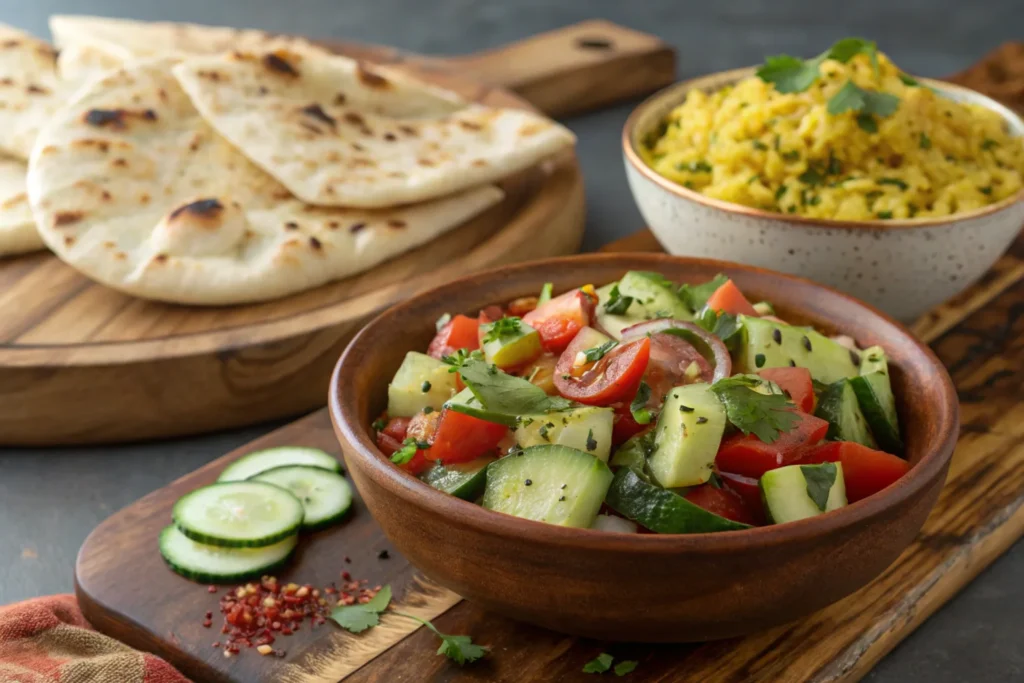 Spicy cucumber salad served alongside biryani and naan on a plate.