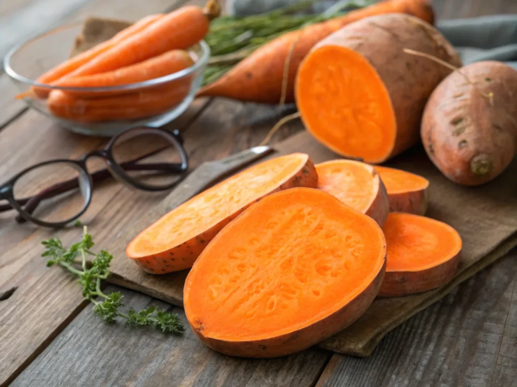 A vibrant display of orange sweet potatoes sliced open to reveal their rich, bright orange flesh. Surround them with small props like a carrot and a pair of glasses to symbolize beta-carotene's benefits for eye health. The background is a rustic wooden table with soft lighting highlighting their natural texture