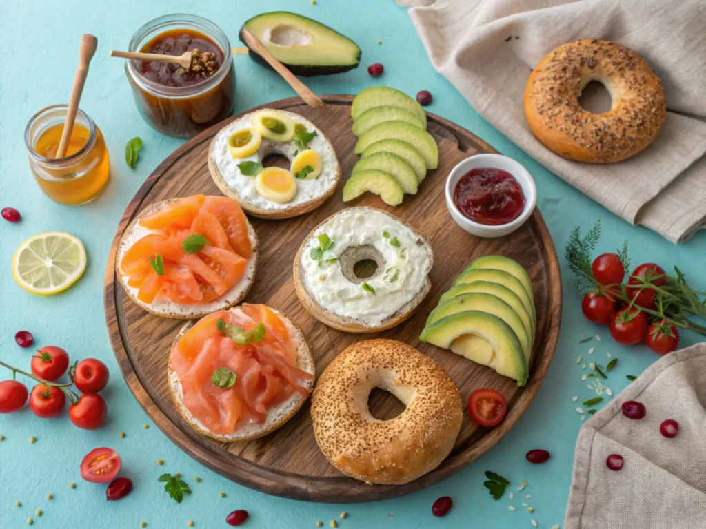 A vibrant flat lay featuring a variety of toppings for sourdough and regular bagels: smoked salmon, avocado, aged cheese, cream cheese, jam, and honey. Each topping is labeled, with the bagels placed on a rustic wooden platter in the center