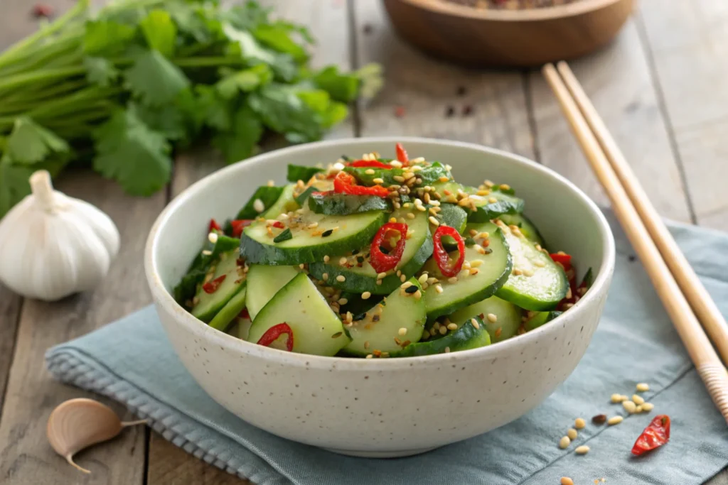 A bowl of spicy cucumber salad garnished with chili flakes and sesame seeds on a rustic table.