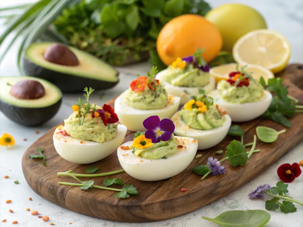 A vibrant platter of angel eggs with creamy green fillings made of avocado and hummus