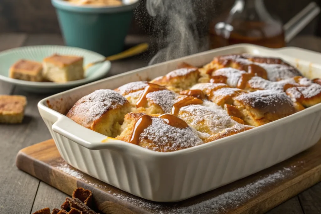 Sourdough bagel bread pudding served fresh from the oven.