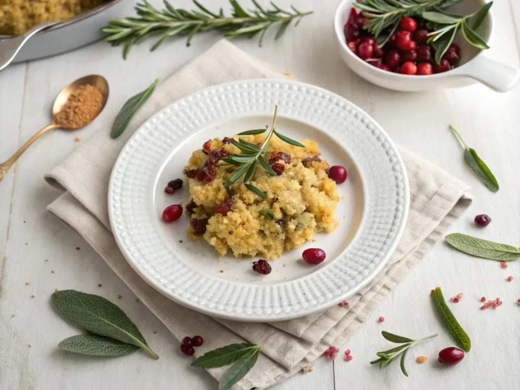 An elegant flat lay of a perfectly plated Jiffy cornbread dressing, styled with fresh sage and cranberries, minimalist presentation, modern farmhouse aesthetic, clean white plates, soft shadows, and natural lighting with a neutral color palette --ar 1:1 --q 1 --c 40 --s 600