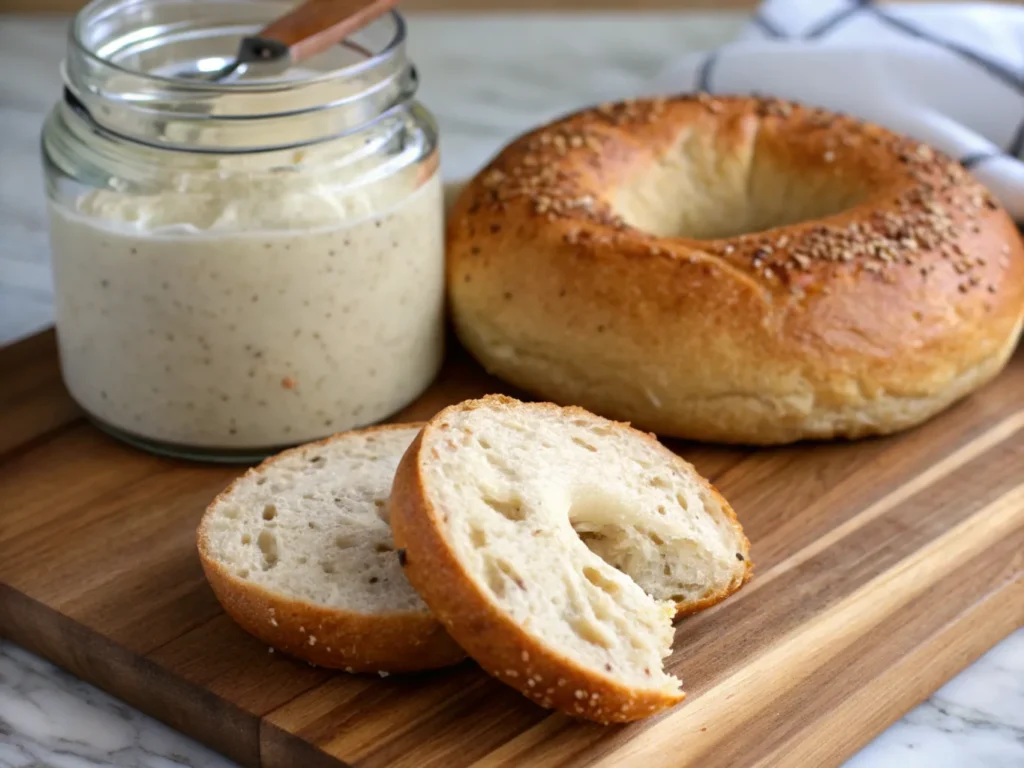 Close-up of a sliced sourdough bagel revealing its dense crumb and thick crust, next to a regular bagel with a soft and uniform interior. The tangy sourdough starter is shown in a jar nearby, emphasizing the natural fermentation process.