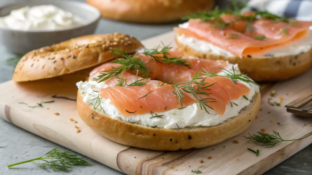 Close-up of a sliced sourdough bagel topped with cream cheese, smoked salmon, and fresh dill.