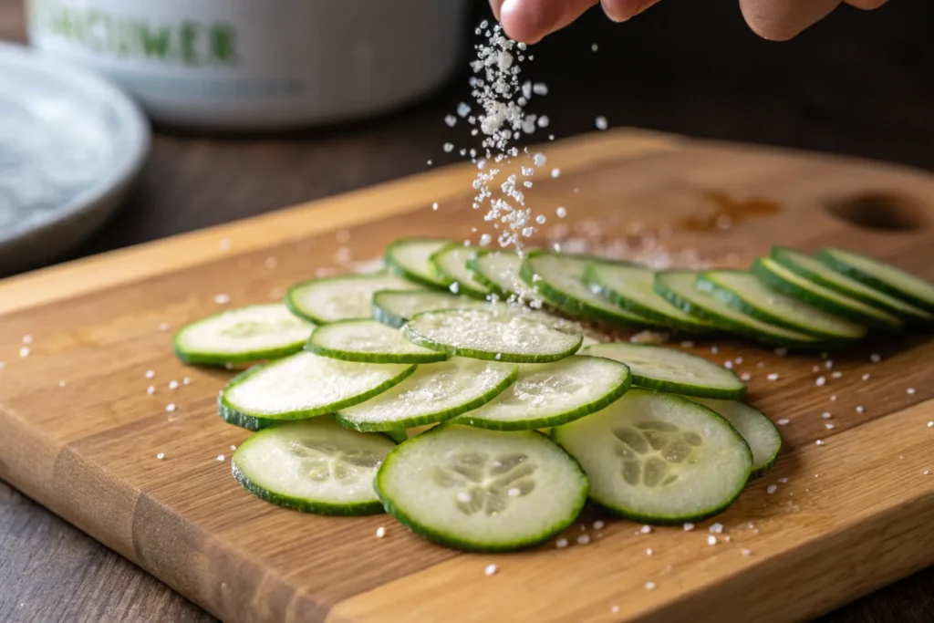 Sliced cucumbers being salted