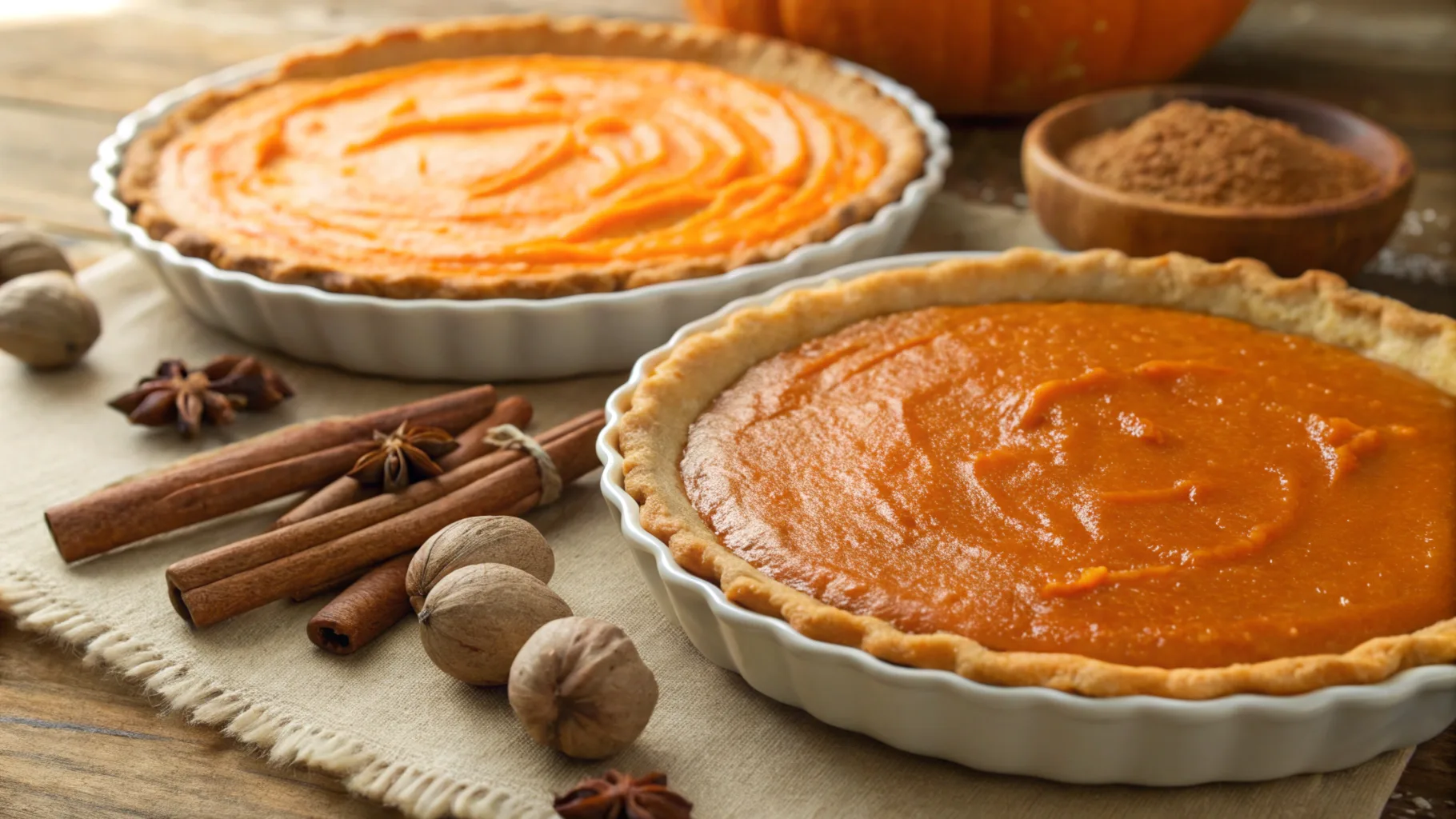 close-up of two pies in a rustic kitchen, one filled with vibrant orange pumpkin puree, the other with smooth sweet potato filling, surrounded by their raw ingredients like cinnamon sticks, nutmeg, and brown sugar, warm natural light highlighting textures, cozy autumn atmosphere