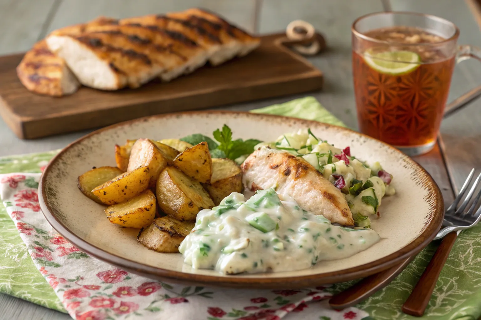 Creamy cucumber salad with grilled chicken.