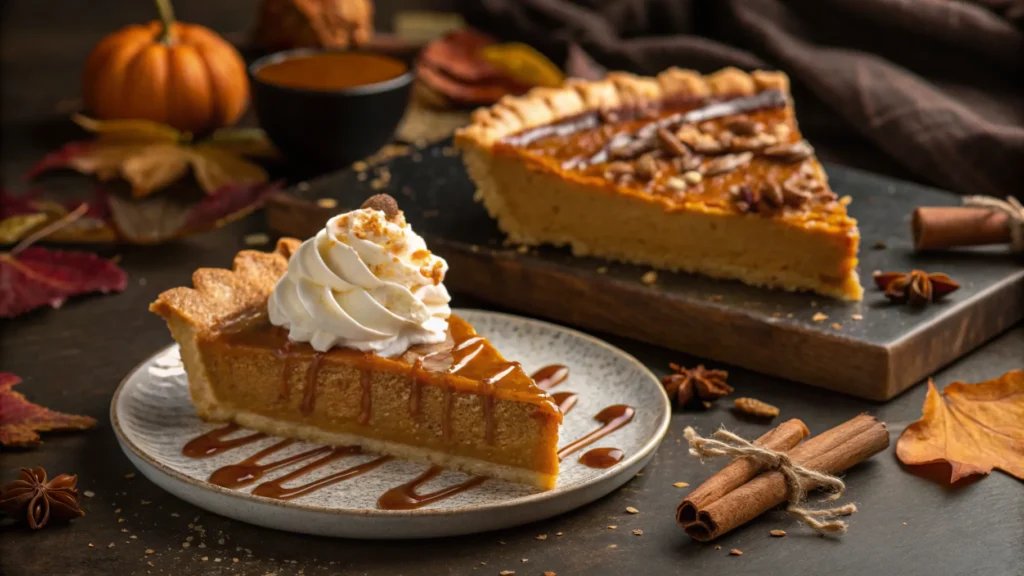 dramatic close-up of a slice of pumpkin pie with whipped cream against a slice of sweet potato pie with caramel drizzle, warm fall colors, cinnamon sticks and autumn leaves scattered in the background, rich textures and inviting lighting, cinematic composition