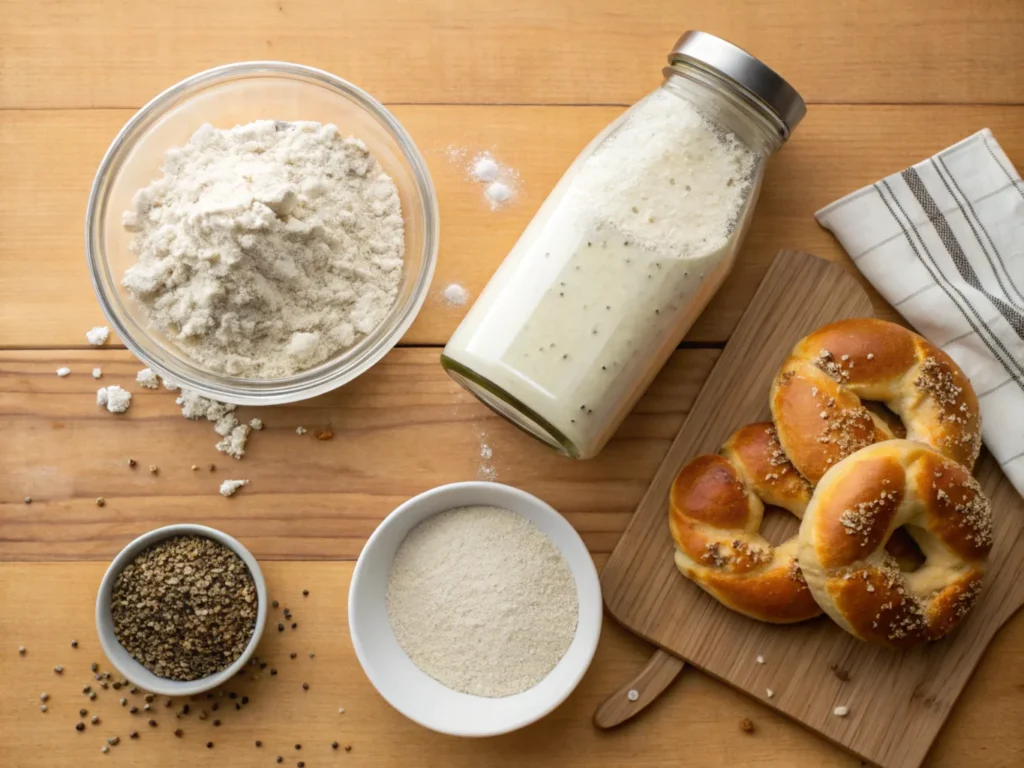 Flat lay of sourdough bagel ingredients including flour, sourdough starter, salt, and a bowl of seeds on a wooden countertop