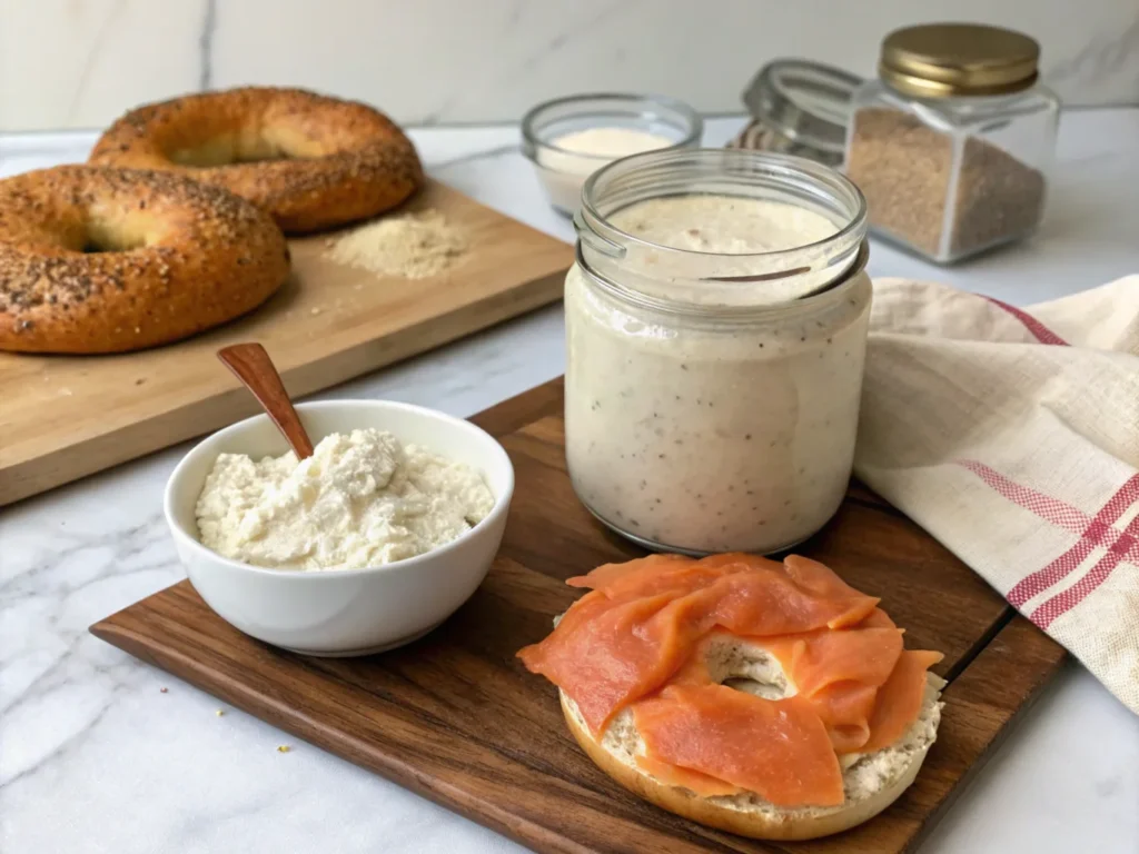 Flat lay of sourdough starter, flour, and bagel toppings like cream cheese and lox on a kitchen counter.