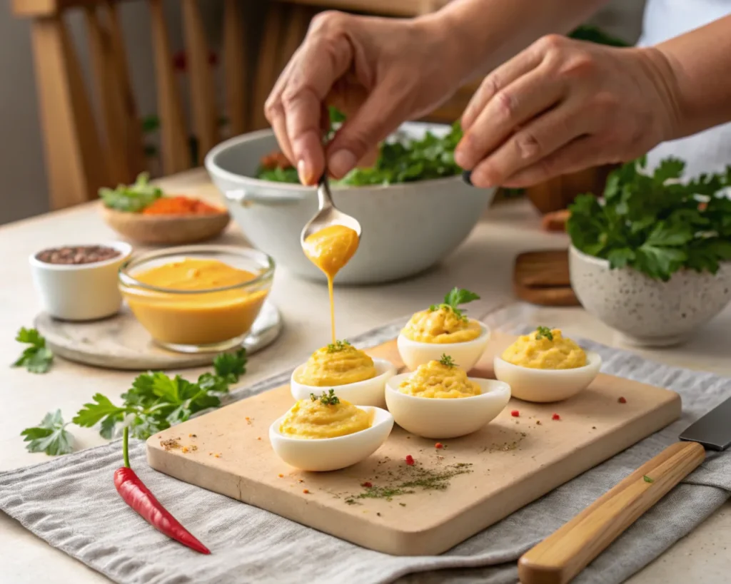 Hands carefully piping creamy yolk mixture into egg white halves in a cozy kitchen setting, showcasing the deviled eggs preparation process