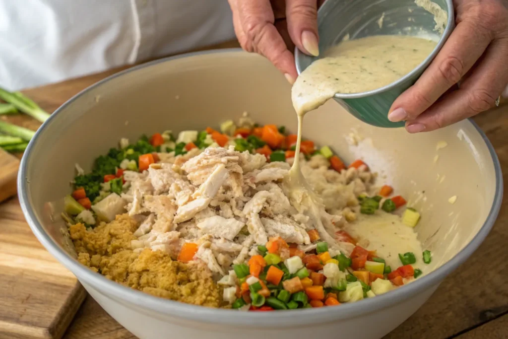 Mixing the ingredients for chicken dressing casserole in a bowl.