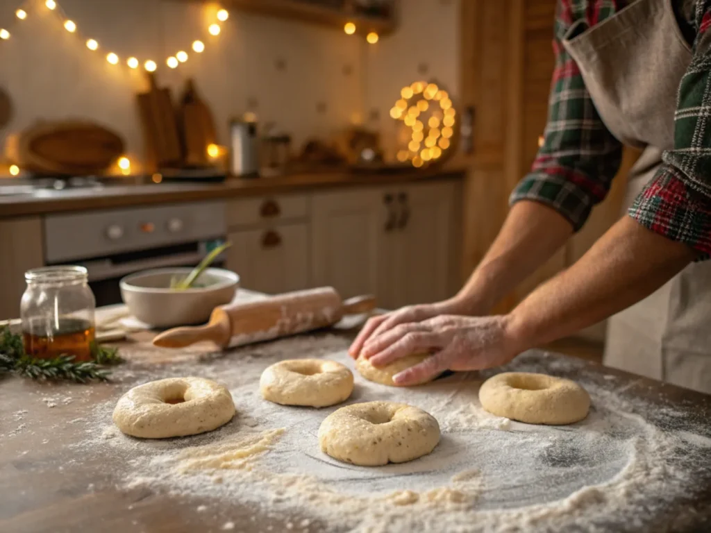 Hands shaping sourdough bagels on a floured countertop with a cozy kitchen background.