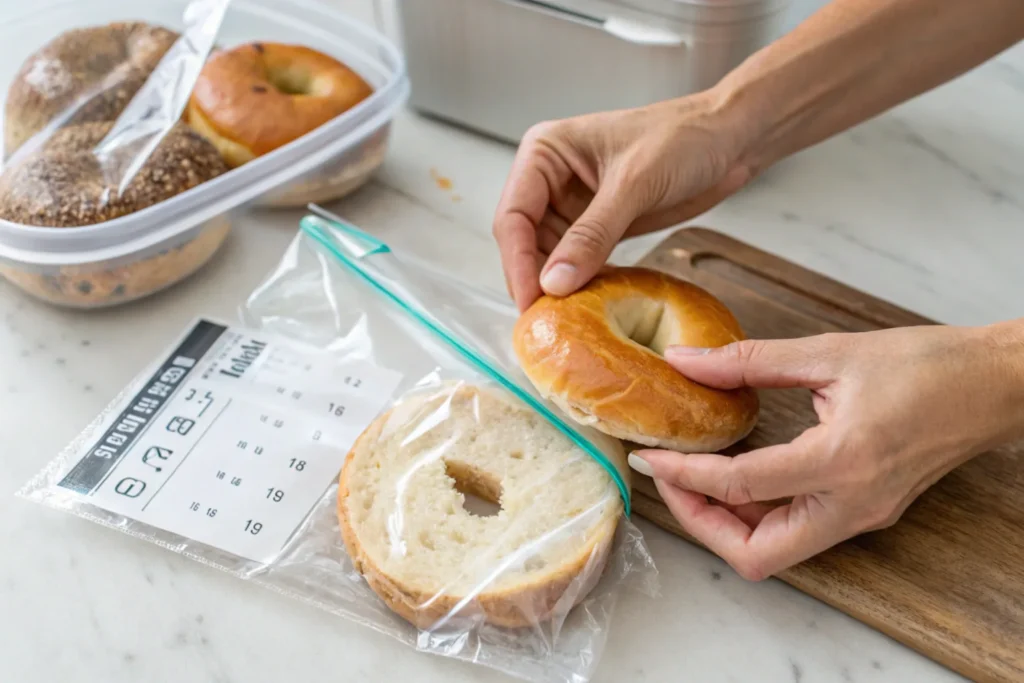 Sourdough bagel being prepared for freezing with plastic wrap.