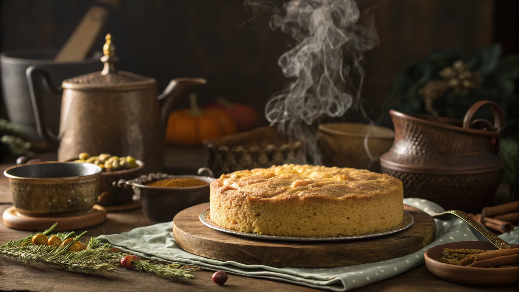 A close-up of a rustic Thanksgiving table, featuring a golden Jiffy cornbread dressing centerpiece, steaming and perfectly moist, surrounded by vintage kitchenware, warm golden lighting, earthy tones, soft bokeh in the background --ar 4:3 --s 700 --q 2 --c 30