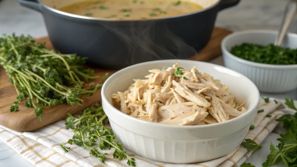 Juicy shredded chicken in a white ceramic bowl, surrounded by fresh herbs like thyme and parsley. In the background, a pot of simmering chicken broth on a stovetop, with steam rising. The setup looks homey, emphasizing freshly prepared ingredients.