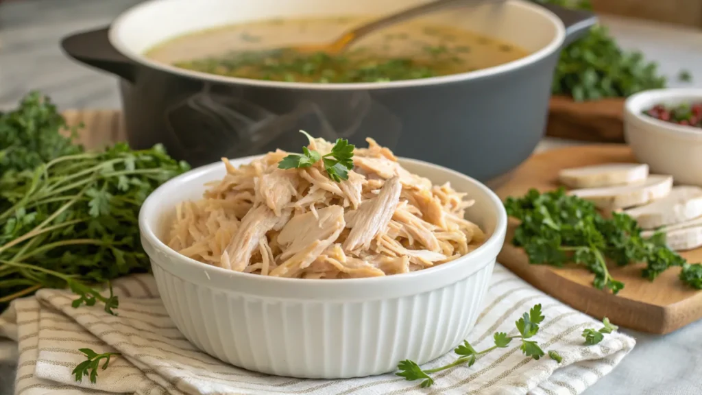 Juicy shredded chicken in a white ceramic bowl, surrounded by fresh herbs like thyme and parsley. In the background, a pot of simmering chicken broth on a stovetop, with steam rising. The setup looks homey, emphasizing freshly prepared ingredients.