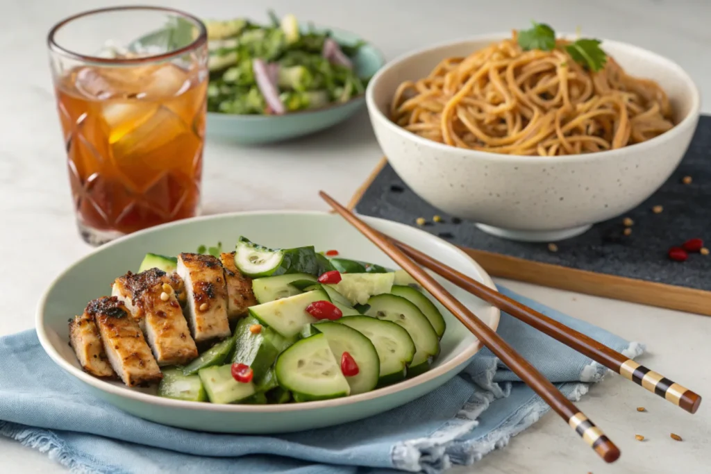 Smashed cucumber salad paired with teriyaki chicken and noodles.